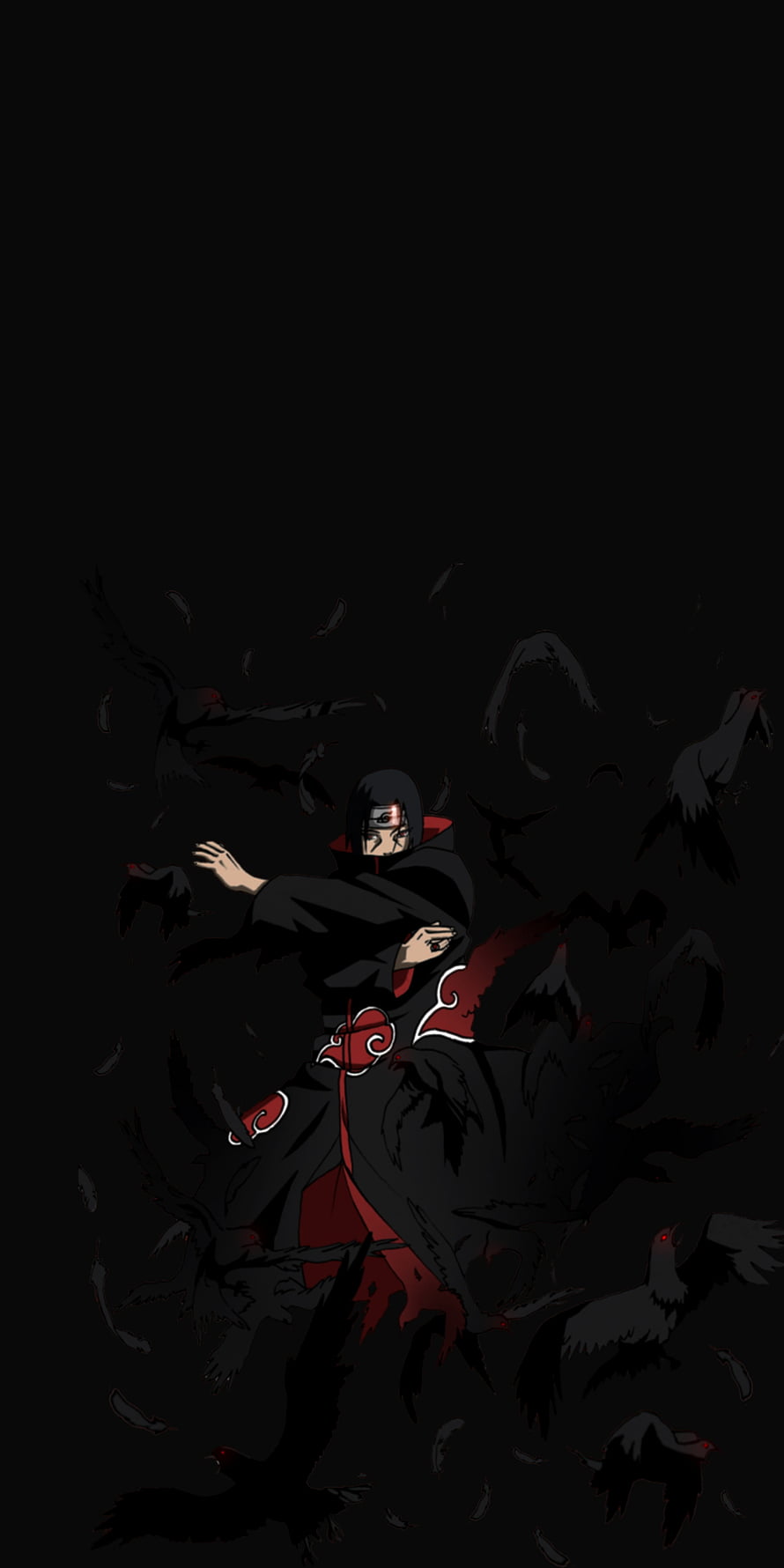 Itachi Uchiha in Akatsuki Cloak Surrounded by Crows on Dark Background HD phone wallpaper