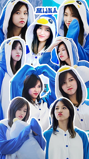 Mina from TWICE in a Blue Penguin Onesie Kawaii Collage HD phone wallpaper