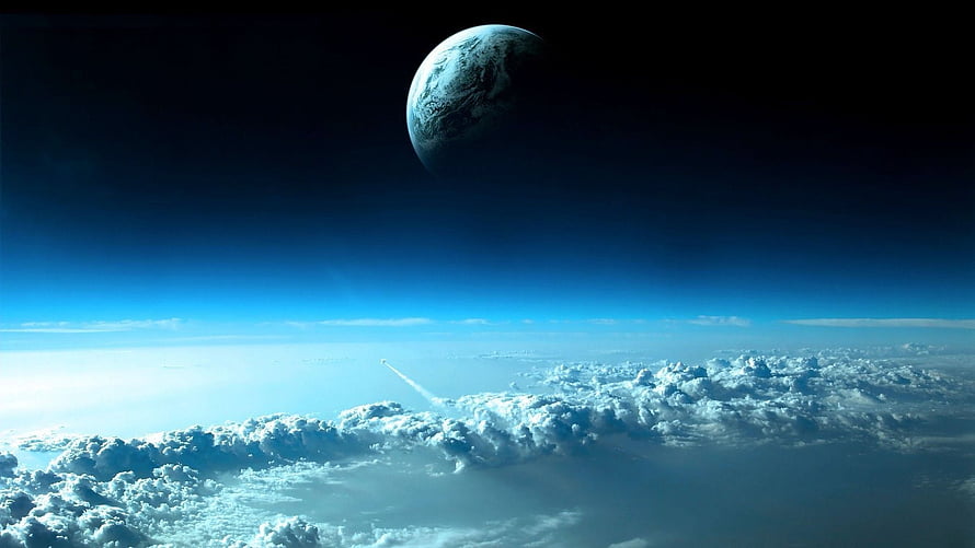 Dramatic View of Earth's Cloud Layer and Moon from High Orbit HD wallpaper