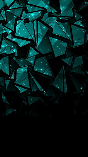 Abstract Geometric Shards in Teal and Black with Glowing Particles HD phone wallpaper