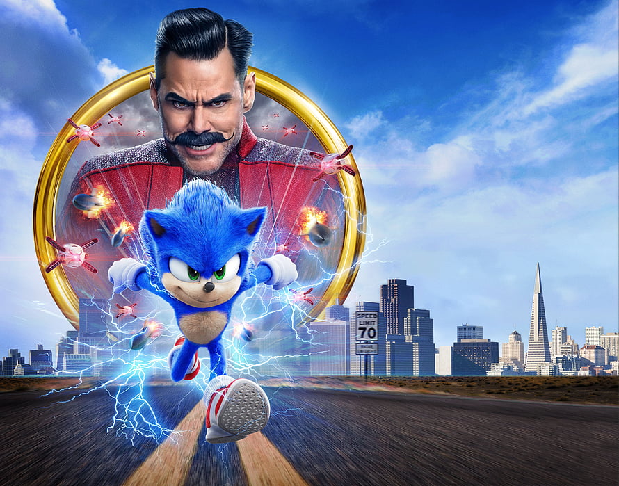 Sonic The Hedgehog Movie Poster Featuring Dr. Robotnik and Sonic Running Through a City HD wallpaper