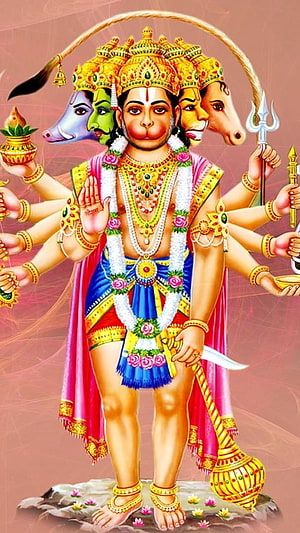 Panchmukhi Hanuman Devotional Illustration with Five Faces and Multiple Arms HD phone wallpaper