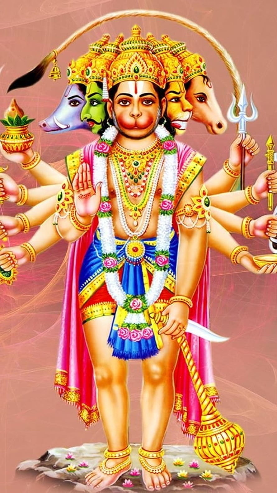 Panchmukhi Hanuman Devotional Illustration with Five Faces and Multiple Arms HD phone wallpaper