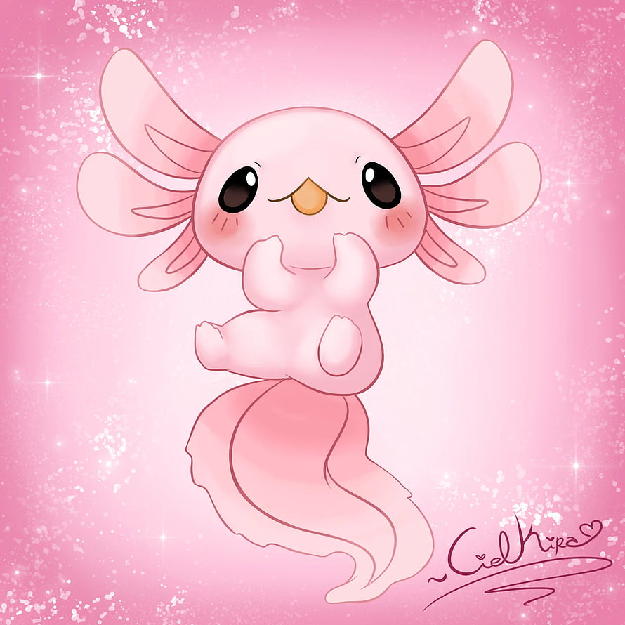 Cute Pink Axolotl Kawaii Illustration with Sparkling Background HD phone wallpaper