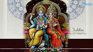 Lakshmi Narayana Divine Couple Seated on Ornate Throne with Owl and Lotus HD wallpaper
