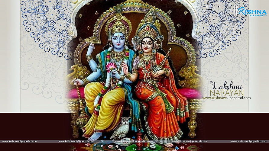 Lakshmi Narayana Divine Couple Seated on Ornate Throne with Owl and Lotus HD wallpaper