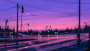 Neon Pink Twilight Over a Rain-Slicked Urban Intersection with Silhouetted Trees HD wallpaper