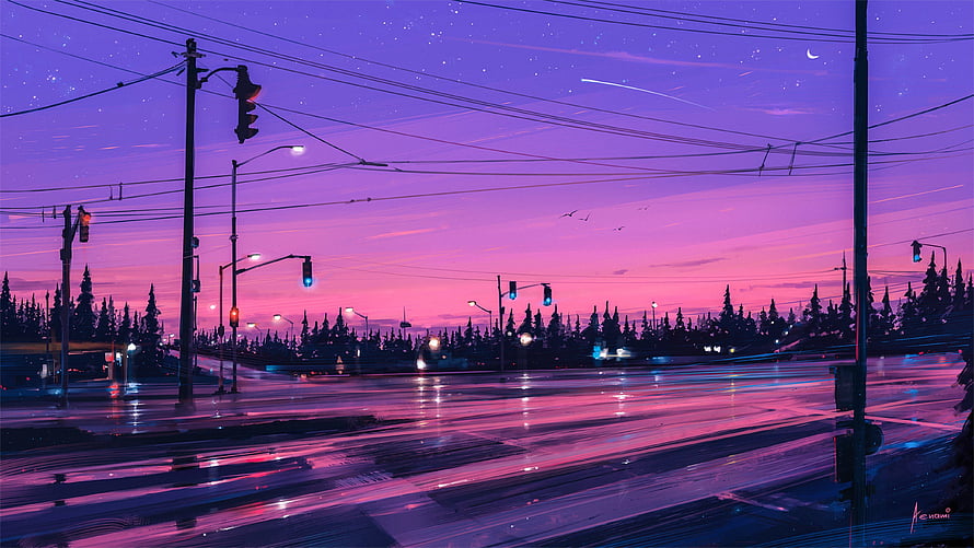 Neon Pink Twilight Over a Rain-Slicked Urban Intersection with Silhouetted Trees HD wallpaper