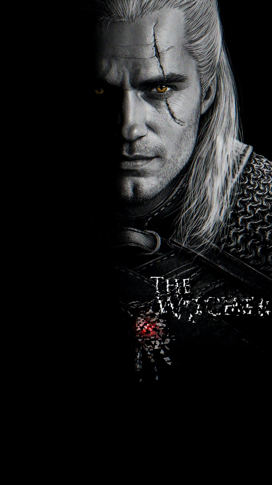 Geralt of Rivia from The Witcher in Dark Armor with Glowing Amber Eyes and Facial Scar HD phone wallpaper
