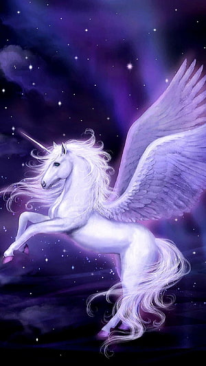 Majestic Winged Unicorn Soaring Through a Starry Purple Night Sky Fantasy Art HD phone wallpaper
