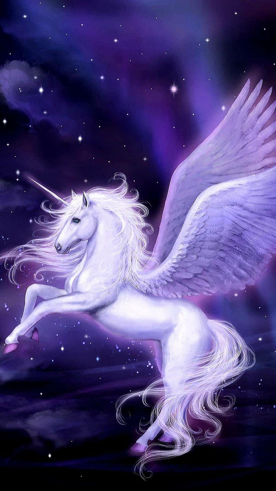 Majestic Winged Unicorn Soaring Through a Starry Purple Night Sky Fantasy Art HD phone wallpaper