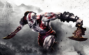Kratos Wielding Blades of Chaos in a Dynamic Action Pose HD wallpaper