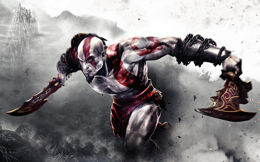 Kratos Wielding Blades of Chaos in a Dynamic Action Pose HD wallpaper