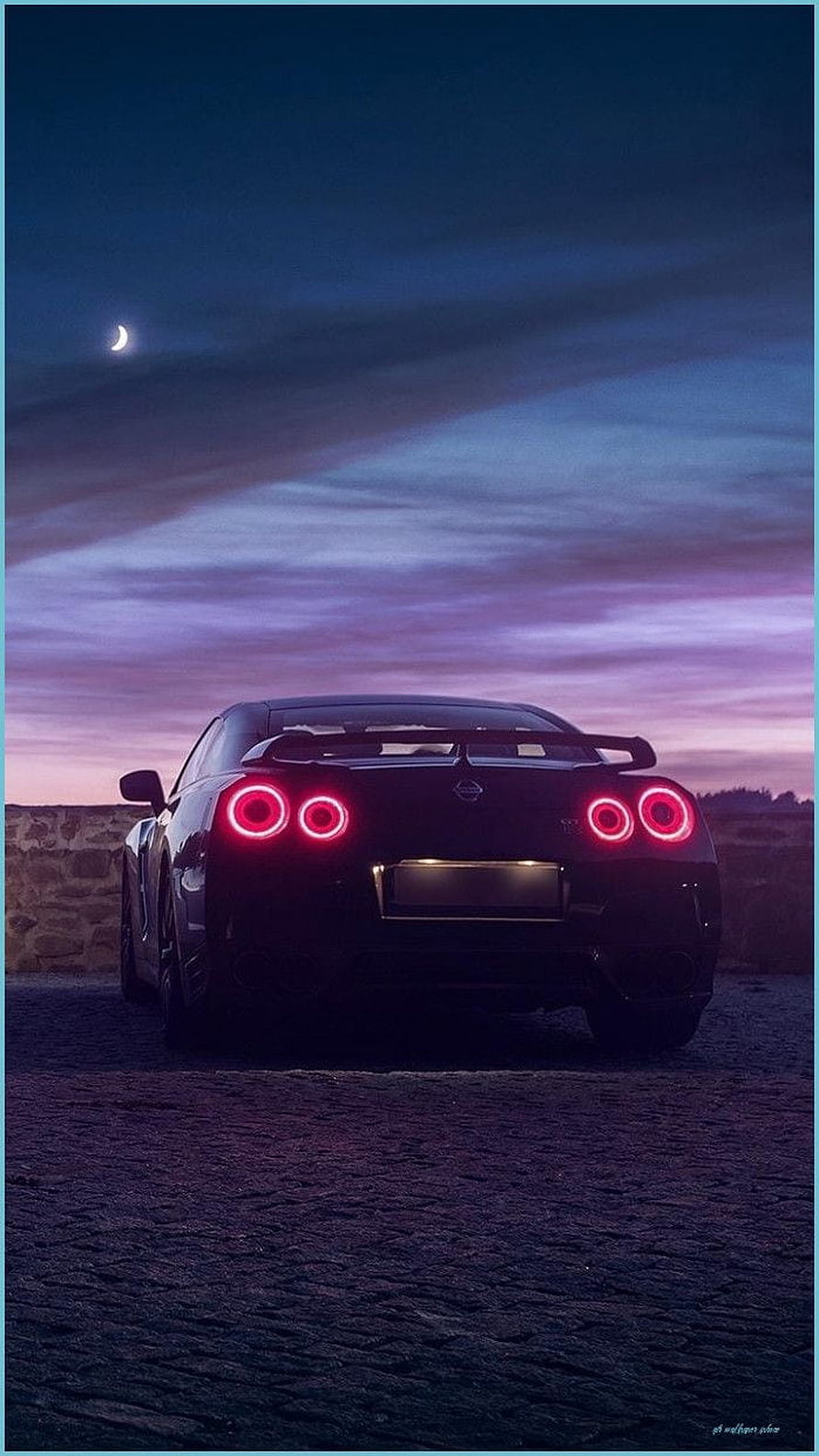 Nissan GT-R Rear View at Twilight with Crescent Moon and Glowing Taillights HD phone wallpaper