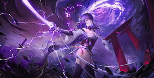 Raiden Shogun from Genshin Impact wielding a lightning katana in a dramatic purple storm HD wallpaper