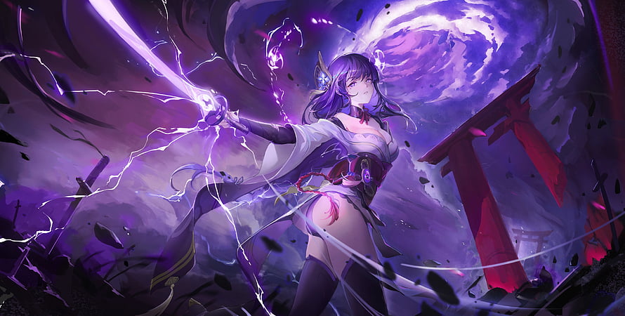 Raiden Shogun from Genshin Impact wielding a lightning katana in a dramatic purple storm HD wallpaper
