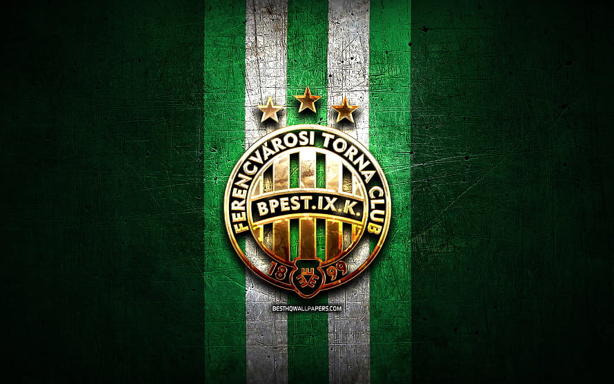 Ferencvaros TC Emblem on Green and White Striped Background with Three Stars HD wallpaper