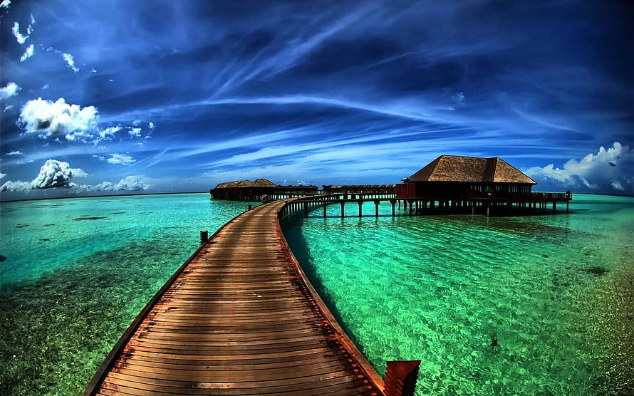 Tropical Overwater Bungalow Resort With Wooden Boardwalk Over Turquoise Lagoon HD wallpaper