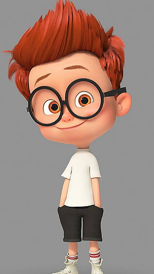 Cute 3D cartoon boy with red hair and round glasses in white t-shirt HD phone wallpaper
