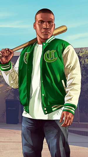 Franklin Clinton from Grand Theft Auto V in Green Letterman Jacket Holding Baseball Bat HD phone wallpaper