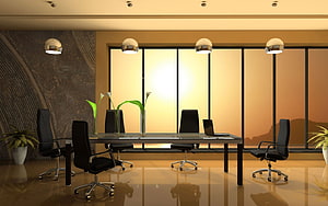 Modern Corporate Conference Room with Glass Table and Black Executive Chairs HD wallpaper
