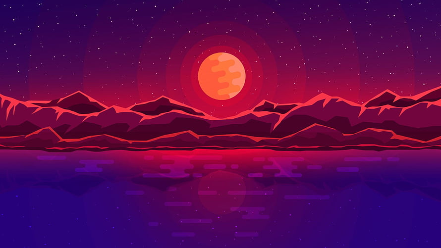 Retro Synthwave Sunset Over Alien Mountain Range With Glowing Red Moon HD wallpaper