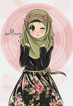 Cute Anime Muslim Girl Wearing Green Hijab and Floral Dress with Rose Crown HD phone wallpaper
