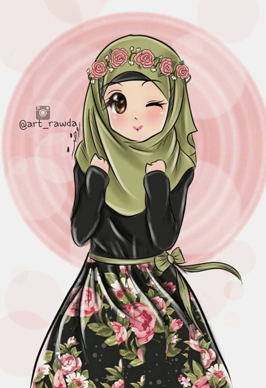 Cute Anime Muslim Girl Wearing Green Hijab and Floral Dress with Rose Crown HD phone wallpaper