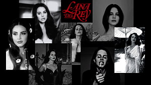 Lana Del Rey Black and White Portrait Collage with Red Logo HD wallpaper