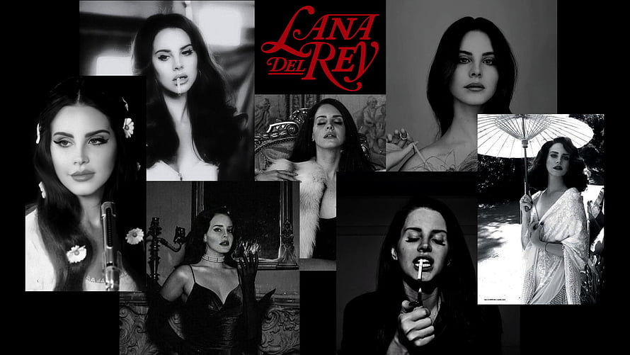 Lana Del Rey Black and White Portrait Collage with Red Logo HD wallpaper
