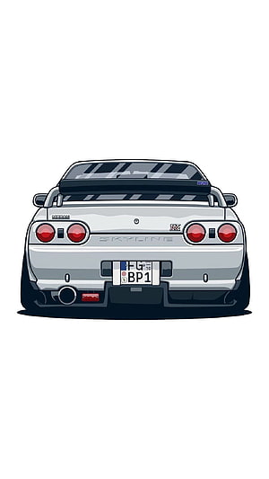Nissan Skyline GT-R R32 Rear View Illustration with Nismo Spoiler and Silver Body HD phone wallpaper