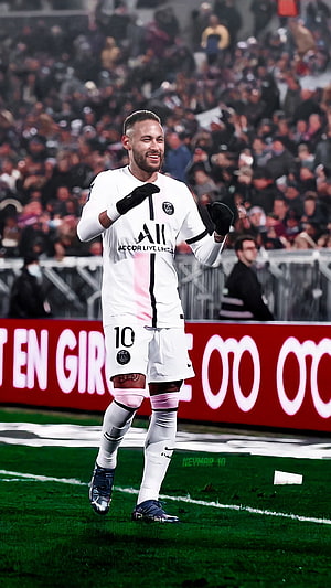 Neymar Jr Celebrating in Paris Saint-Germain White Away Kit on the Pitch HD phone wallpaper
