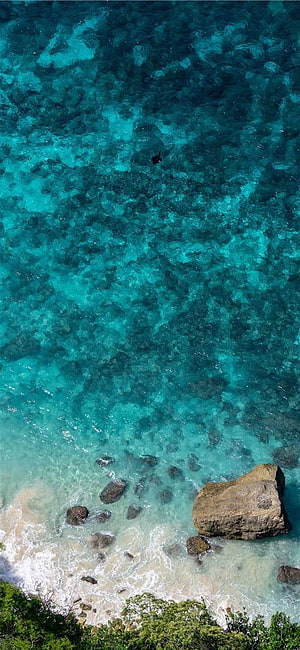 Aerial View of Turquoise Ocean Water and Rocky Shoreline with Lush Green Vegetation HD phone wallpaper