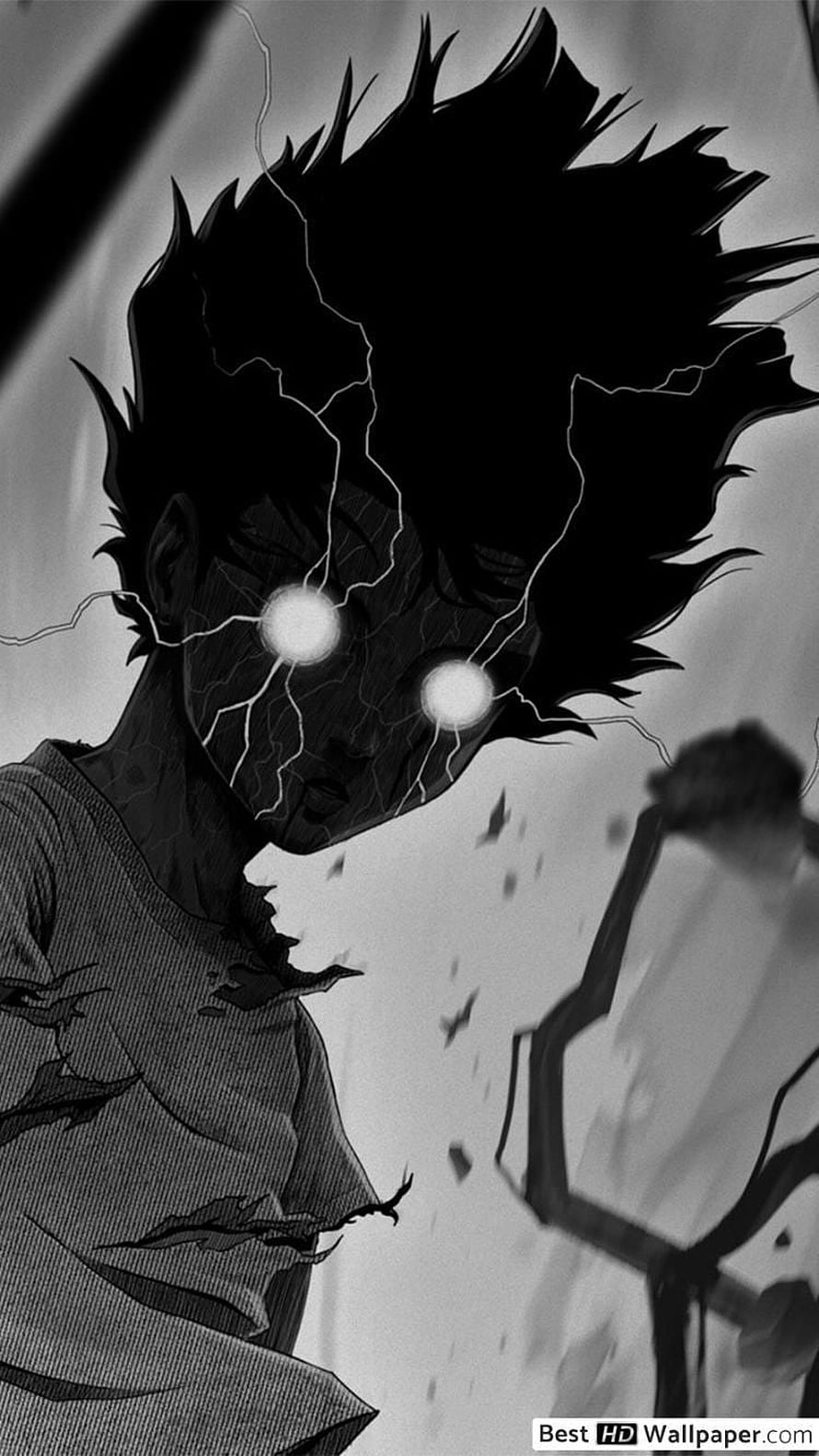 Mob Psycho 100 Anime Character with Glowing Eyes and Electric Energy in Black and White HD phone wallpaper