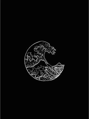 Minimalist White Line Art of a Giant Wave and Mountain on Black Background HD phone wallpaper