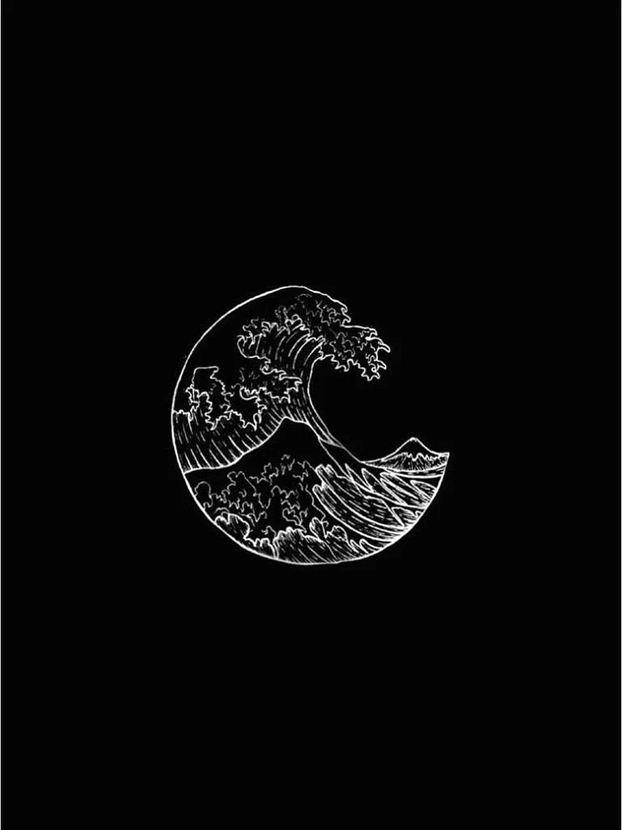 Minimalist White Line Art of a Giant Wave and Mountain on Black Background HD phone wallpaper