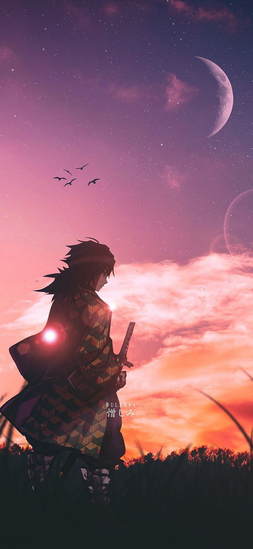 Giyu Tomioka Silhouette Under a Starry Twilight Sky with a Large Moon HD phone wallpaper