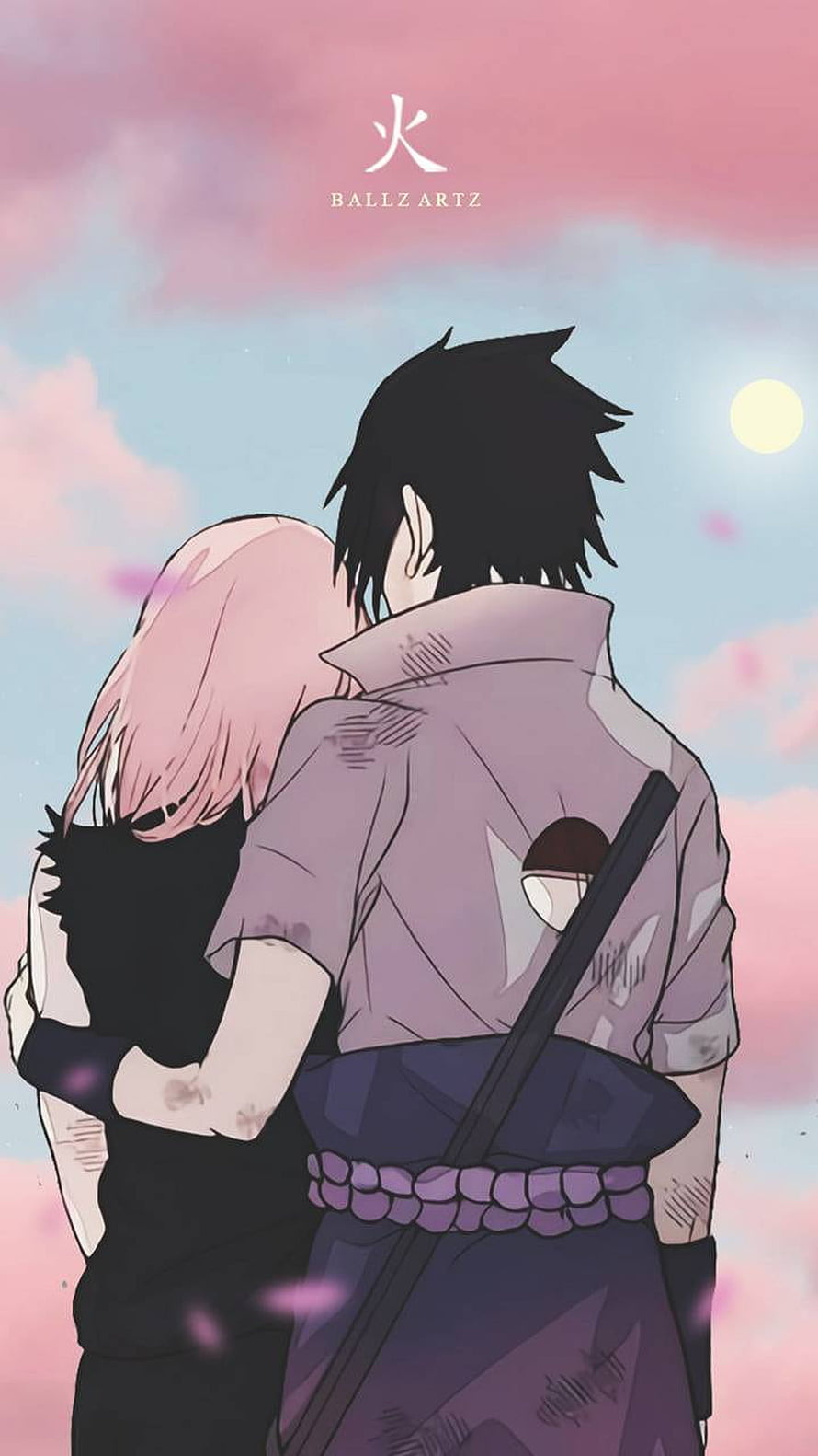 Sasuke and Sakura embracing under a pastel sky with cherry blossom petals HD phone wallpaper