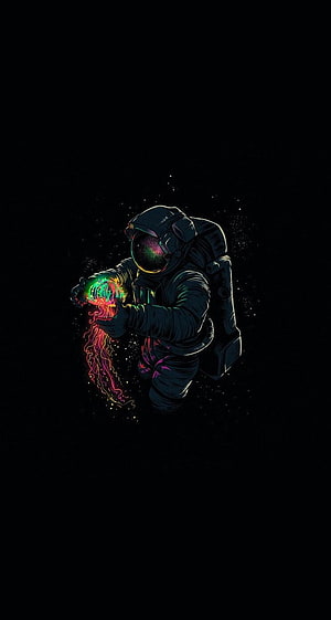 Astronaut Holding Glowing Jellyfish in Deep Space Dark Digital Art HD phone wallpaper