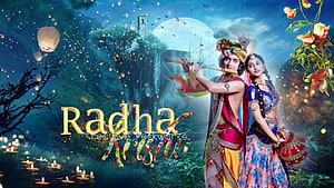 Radha Krishna Playing Flute in Enchanted Forest with Floating Lanterns and Diyas HD wallpaper