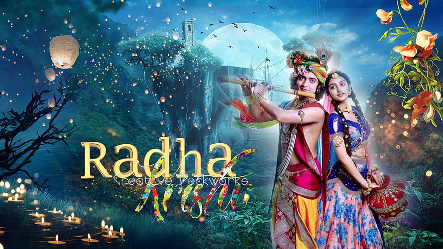 Radha Krishna Playing Flute in Enchanted Forest with Floating Lanterns and Diyas HD wallpaper