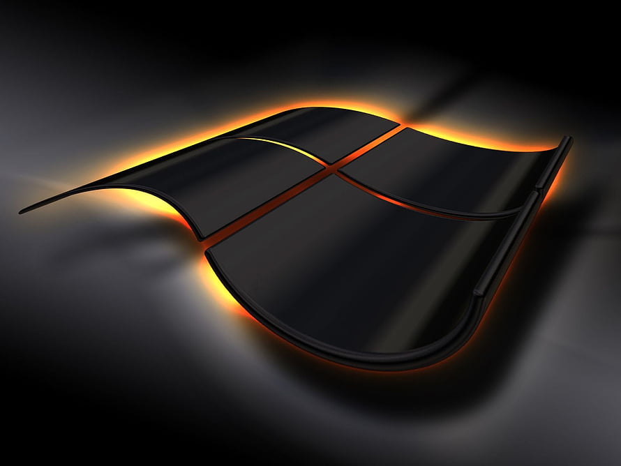 Microsoft Windows 3D Logo with Glowing Orange Edges on Dark Background HD wallpaper