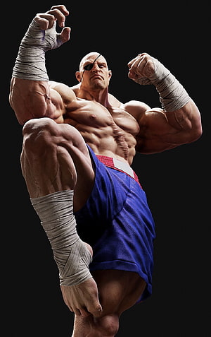 Sagat from Street Fighter in a dynamic high kick pose with bandaged limbs and blue shorts HD phone wallpaper