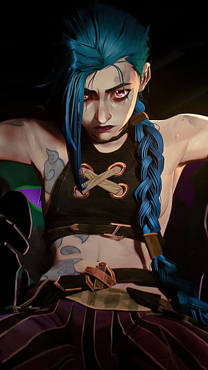 Jinx from Arcane and League of Legends with blue braided hair and glowing red eyes HD phone wallpaper