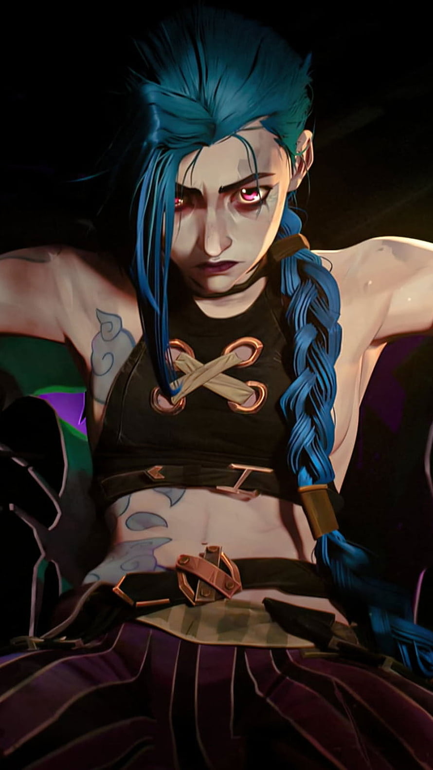 Jinx from Arcane and League of Legends with blue braided hair and glowing red eyes HD phone wallpaper