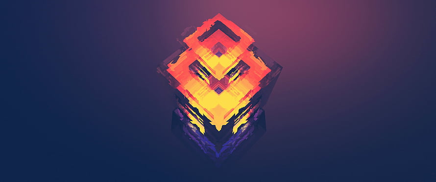 Vibrant Abstract Geometric Cube with Warm Orange and Yellow Tones on a Cool Purple Gradient Background HD wallpaper