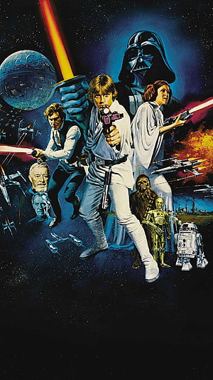 Vintage Star Wars 1977 Movie Poster Art Featuring Luke, Leia, Han, Chewbacca, and Darth Vader HD phone wallpaper