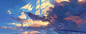 Hanyijie Floating Airship and Boy on Cliff in Dreamy Sunset Sky HD wallpaper