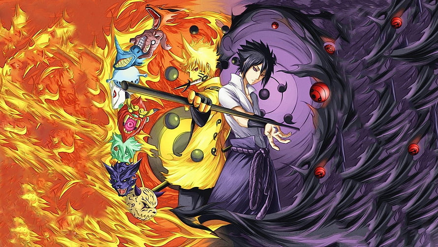Sasuke Uchiha and Naruto Uzumaki in Epic Anime Battle with Tailed Beasts HD wallpaper