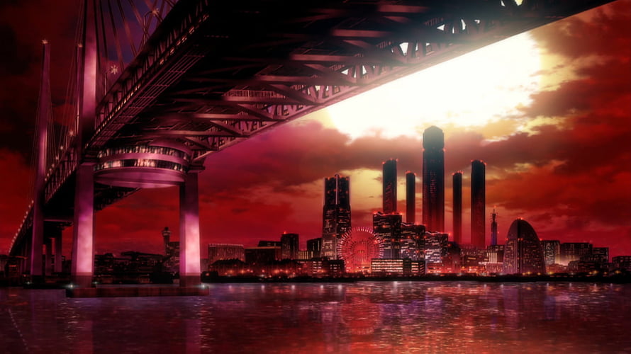 Bungou Stray Dogs Yokohama Cityscape at Dusk with Bridge and Waterfront HD wallpaper